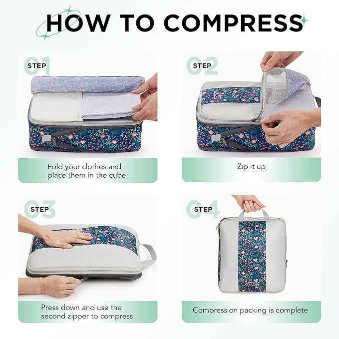 OlarHike 8 Set Compression Packing Cubes for Travel Essentials,Compressible Expandable Space Saver Bags for Organizing Clothes,Luggage Garment Bags with Over 1000 pcs Mesh Holes(Dark Blue Floral) - Image 3