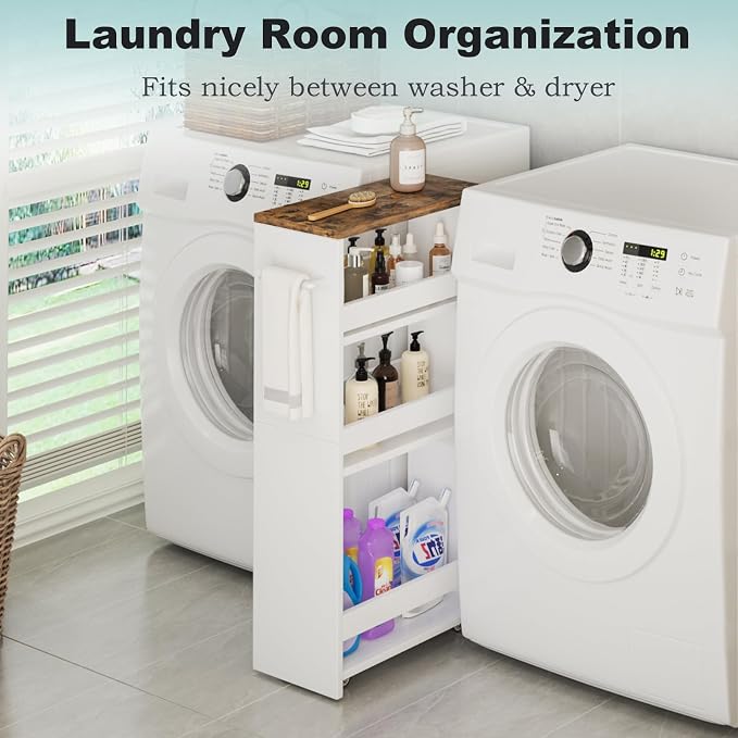 MARTY Slim Rolling Storage Cart 7.9" W Laundry Cart with Wheels,Brown+White | Narrow Utility Cart Between Washer and Dryer, 3 Tier Mobile Shelving Unit for Kitchen, Laundry, Bathroom, Office, Living Room - Image 5