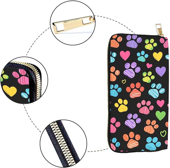 Women's RFID Blocking PU Leather Zip-Around Wallet, Large Capacity Clutch with Phone Holder, Travel Purse & Card Organizer with Removable Wristlet,Colorful Paw Prints - Image 4