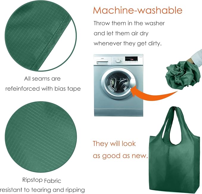BeeGreen Christmas Green Reusable Grocery Bags Dark Green Reusable Kitchen Bags Bulk Foldable-Machine Washable with Zipper Storage Pouch 50 Packs - Image 7
