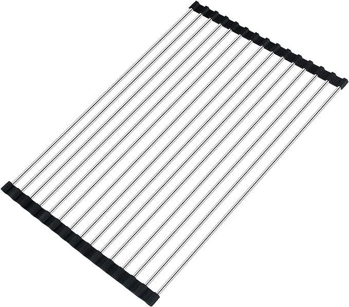 Seropy Roll Up Dish Drying Rack Over the Sink Drying Rack for Kitchen, Folding Dish Rack Over Sink Mat, Stainless Steel Dish Drainer Rack Kitchen Organizer Accessories Black 17"x11.8" by SeropyDirect