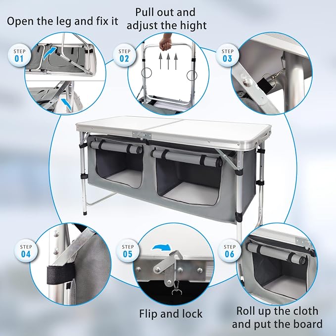 Folding Camping Table with Storage, Adjustable Height | Lightweight aluminum folding table with storage compartment for camping, tailgating, picnics, BBQs and backyard use - Image 7