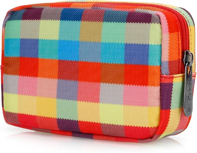 E-Tree Cute Small Makeup Bag, Cosmetic Toiletry Skin Care Make up Little Items Pouch for Purse,Zipper Mini Tech Charger Cable Electronic Organizer Case,Travel Accessories,Checkered Colorful by E-Tree