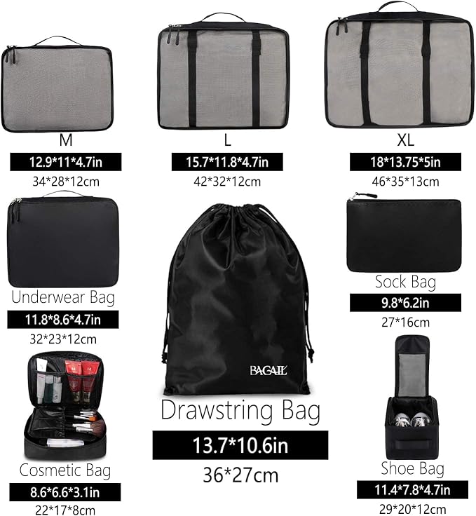 BAGAIL 8 Set Packing Cubes Luggage Packing Organizers for Travel Accessories-Jet Black - Image 2