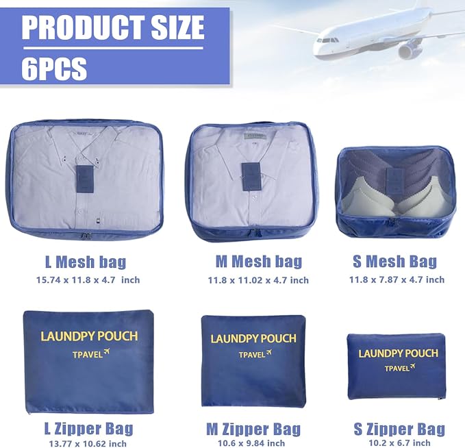 6 Set Packing Cubes for Travel Luggage Packing Bags Reusable Waterproof Suitcase Organizer Bags Set with Shoe Bag and Toiletry Bag (Navy Blue) - Image 3