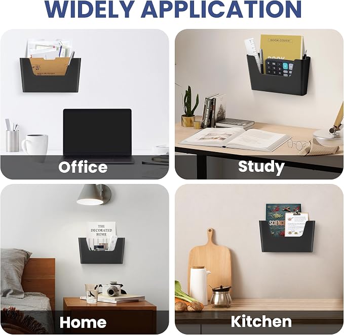 JOMOLA No Drilling File Holder 3 Pack Mail Organizer Wall Mount File Organizer Holder Office Wall Hanging Files Magazines Organizer Plastic Door Mount Wall Pocket with Adhesive Pad, Black Color - Image 5