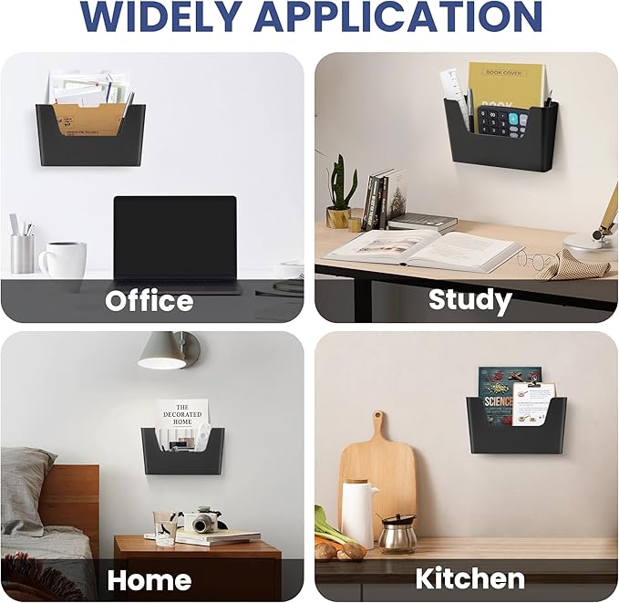 JOMOLA No Drilling File Holder 2 Pack Mail Organizer Wall Mount File Organizer Holder Office Wall Hanging Files Magazines Organizer Plastic Door Mount Wall Pocket with Adhesive Pad, Black Color - Image 5