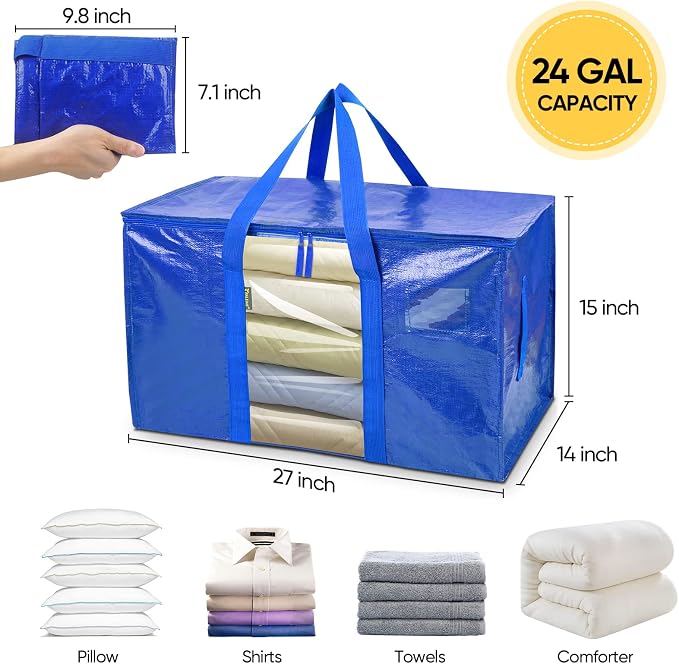 BALEINE 8-Pack Oversized Moving Bags with Reinforced Handles, Heavy-Duty Storage Tote Moving Supplies for Packaging, Camping (Blue w/Window, 8-Pack) - Image 2