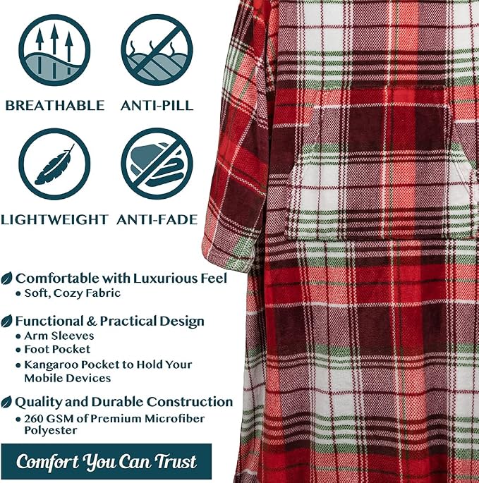 PAVILIA Fleece Blanket with Sleeves, Foot Pockets for Women Men Adults, Plush Wearable Blanket Throw Wrap, Warm Snuggle Blanket Robe, Cozy Gift Ideas Wife Mom, Christmas Plaid - Image 4