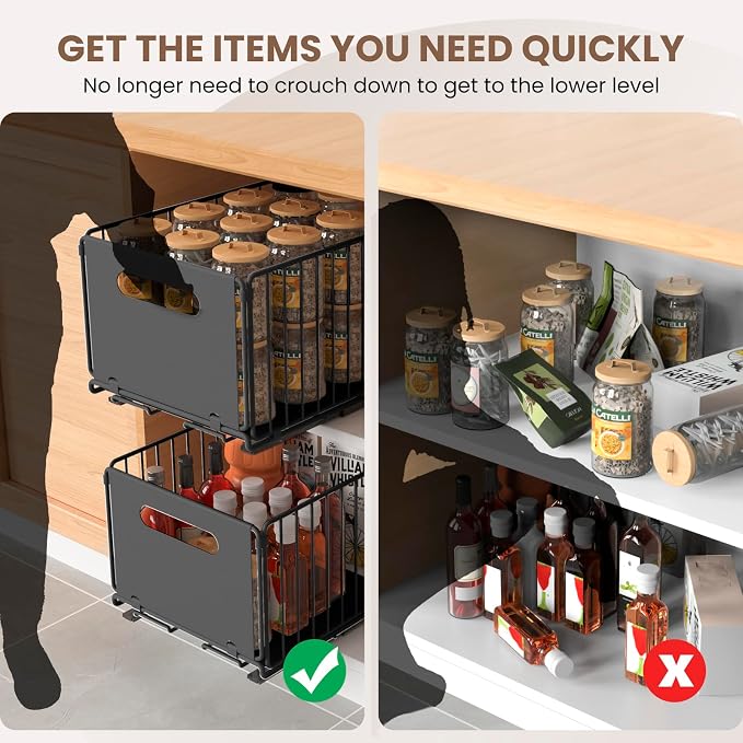 2 Pack Pull Out Cabinet Organizer, Heavy Duty Slide Out Drawer with No Drill Adhesive or Screw Mount, Carbon Steel Roll Out Shelf for Kitchen Cabinet, Pantry & Bathroom Storage - Image 6