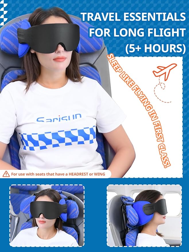 SARISUN Travel Pillows for Airplanes, Stable Head Support, Travel Essential | Airplane Pillow with Eye Mask, Seat Strap Secures to Headrest, for Stop Bobblehead, for Long Flight Road Trip, Mottled Black - Image 2