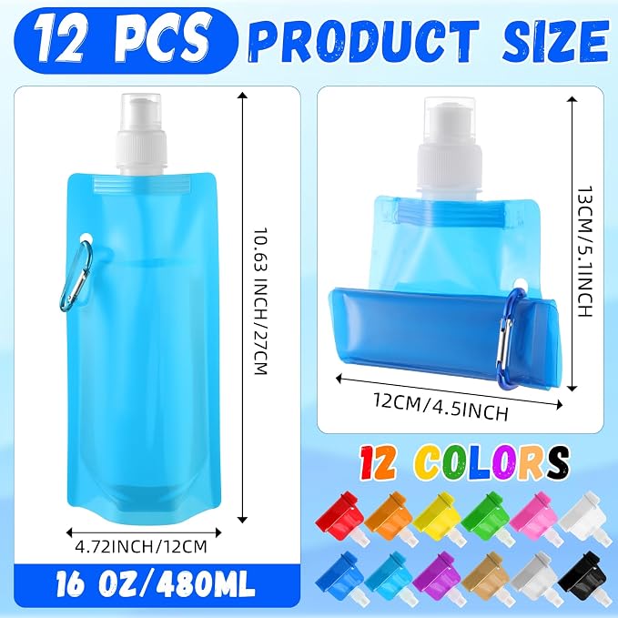 Teenyyou 12 Pack Collapsible Water Bottles Bulk 16oz Foldable Water Bottles with Carabiner Reusable Drinking Leak Proof Container Bags for Sport Biking Hiking Camping Travel Outdoor (12 Colors) - Image 2