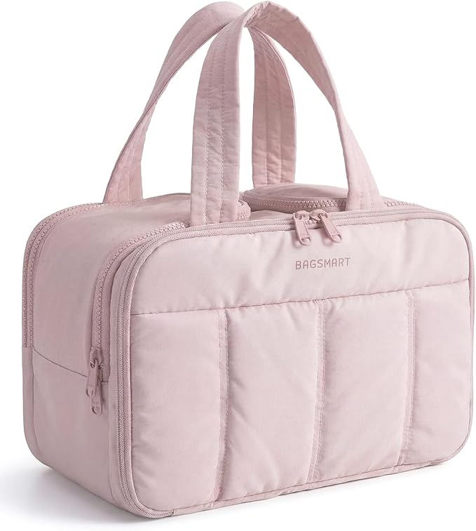 BAGSMART Travel Toiletry Bag, Puffy Large Toiletry Bag for Women, Lightweight Cosmetic Makeup Bag Organizer with Handle for Traveling, Accessories, Essentials, Toiletries (Pink) by BAGSMART