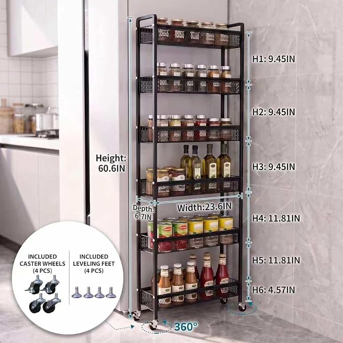 6in 6 Tier Slim Storage Cart with Wheels | Narrow Space Rolling Shelving Unit Organizer for Kitchen, Bathroom, Office - Image 3