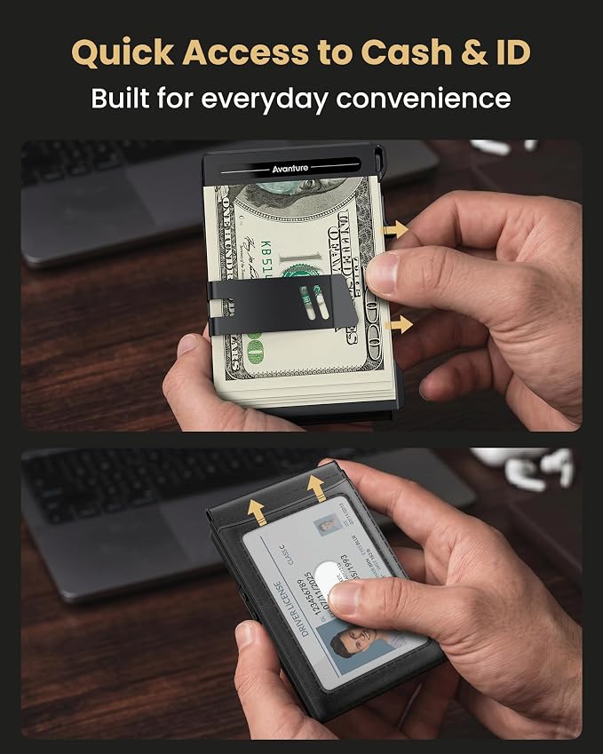 Wallet for Men Card Holder: Pop Up Card Case, Genuine Leather, Smart, RFID Blocking, Slim, Minimalist, Thin, Front Pocket - 12 Card Capacity, ID Window, Money Clip (Black) - Image 6
