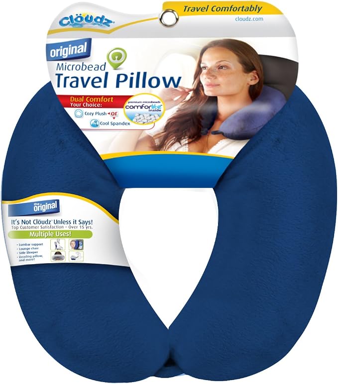 Dual Comfort Microbead Airplane Travel Neck Pillow. Super Soft Cozy Plush Fabric on One Side, Cool Relaxing Spandex on The Other! Customize Your Comfort and Support at Home or On The Go!- Blue by Cl%C3%B6udz
