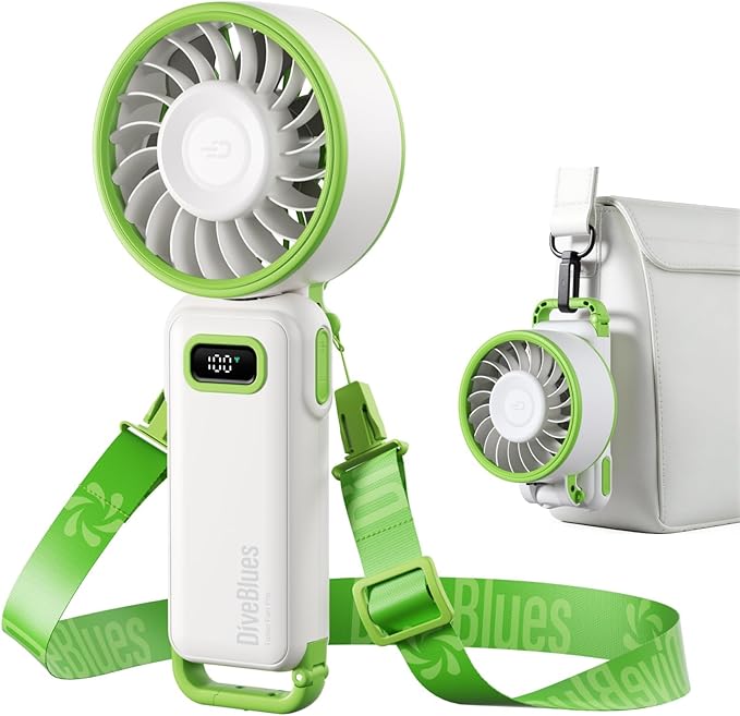 Diveblues Portable Turbo Fan, 7.4m/s High Speed Handheld Fan, 180° Foldable 4-in-1 Personal Neck Fan with Carabiner Clip, 100 Speed Stepless Control, USB-C Rechargeable for Travel, Makeup Hot Flashes by Diveblues