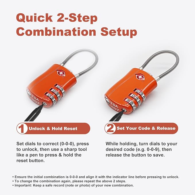 Luggage Locks TSA Approved, Small Padlock Combination, TSA Locks for Luggage, Suitcase, Travel Essentials, Combo Padlock with Cable, for Backpack, Bag, Zipper, Locker, Case, Box (2-Pack) - Image 6
