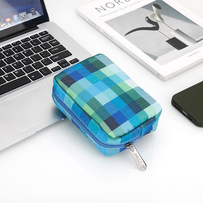 E-Tree Cute Small Makeup Bag,Cosmetic Toiletry Make up Little Items Pouch for Purse,Zipper Mini Tech Charger Cable Electronic Organizer Case,Travel Accessories for Women Men Teen,Blue Checkered - Image 6