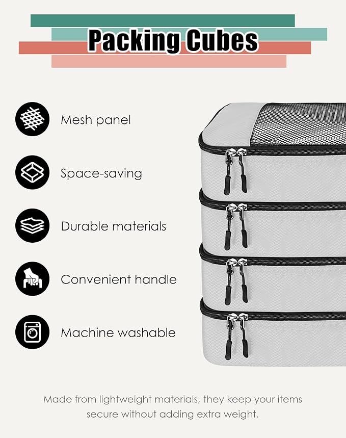 WTREE 4-Piece Packing Cubes Travel Accessories Set for Suitcases - Luggage Organizer Bags with Double Zipper - Mesh Top - Small - Beige - Image 2