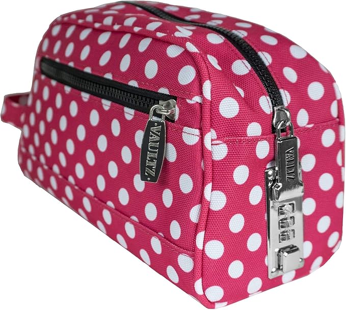 Vaultz Locking Nylon Travel Kit, 10 x 5.75 x 5 Inches, Pink/White Polka Dots (VZ03512) | Durable nylon construction with a secure key lock closure, compact size fits easily in luggage, tote bags or dresser drawers by Vaultz