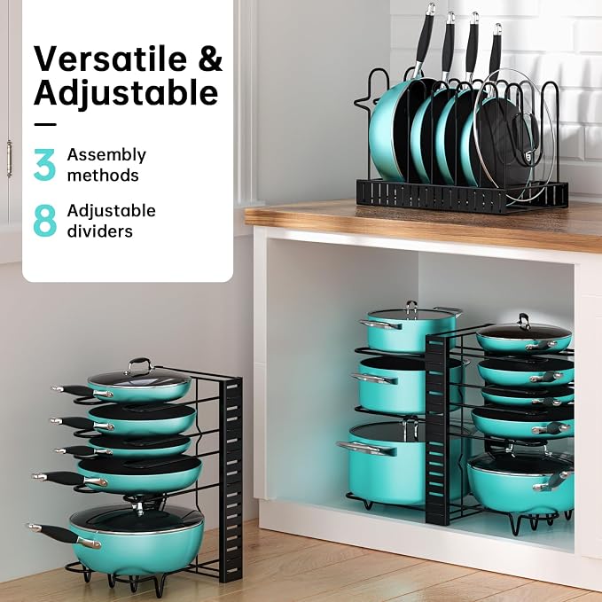 MUDEELA 8-Tier Lightweight pot and pan organizer for under cabinet, 16.6" H | 3 DIY Methods, Holds up to 12-inch cookware neatly, Adjustable Pot Pan Rack, Pot Lid holder for Kitchen, Easy Assembly - Image 5