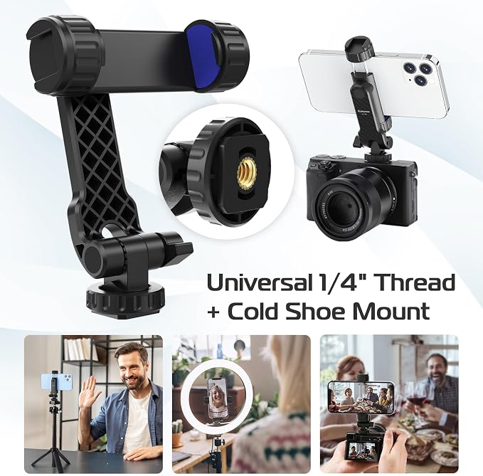 Kaitezenz Cell Phone Tripod Mount, Universal Tripod Phone Mount with 2 Cold Shoes, 360° Rotates 180° Tilts Camera Hot Shoe Phone Mount Smartphone Tripod Holder Adapter for iPhone Samsung All Phone - Image 2