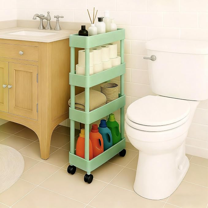ShellKingdom 4 Tier Bathroom Storage Organizer, Slim Rolling Storage Cart for Narrow Space, Mobile Shelving Unit with Lockable Wheels and Hooks for Bathroom, Kitchen, Laundry Movable Shelf (Green) by ShellKingdom