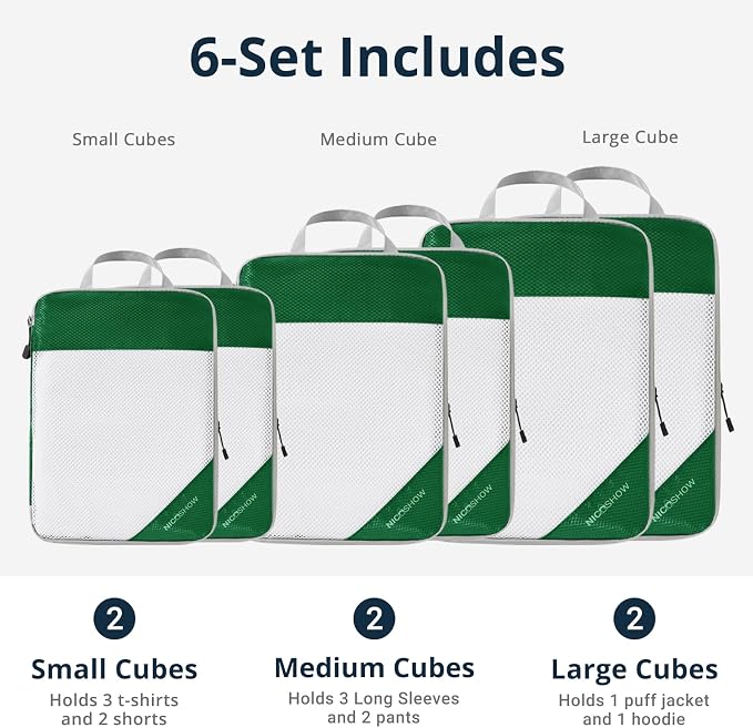 Compression Packing Cubes 6 Set, Compressible Space-Saving Packing Cubes for Travel - Compression Bags, Luggage Organizer, Travel Essentials for Women, Dark Green - Image 3
