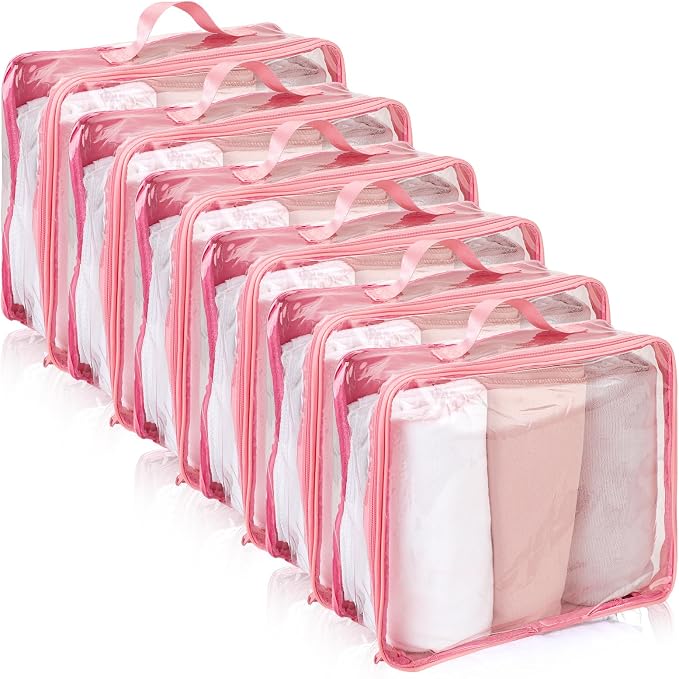 6 Pieces Large Clear Travel Packing Cube Clear Vinyl Zippered Storage Bags See Through Moving Bag PVC Multipurpose Pouch with Handle for Suitcase Shirts Dress Storage (Pink,11.8 x 10.2 x 3.9 Inch) by Hillban