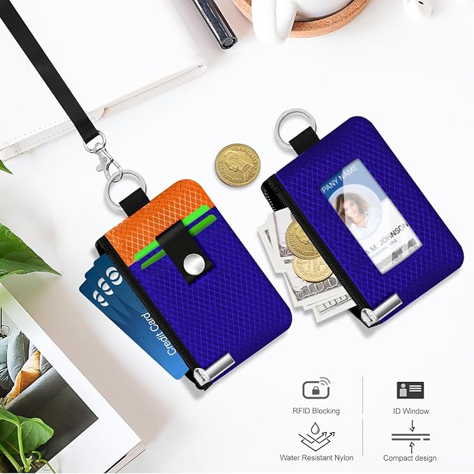 Minimalist RFID Blocking Small Wallet with ID Window,WaterResistant Zip Id Case Wallet with Lanyard Keychain for Cards,Cash,Travel,Women,Men (Sapphire Blue/Orange) - Image 8