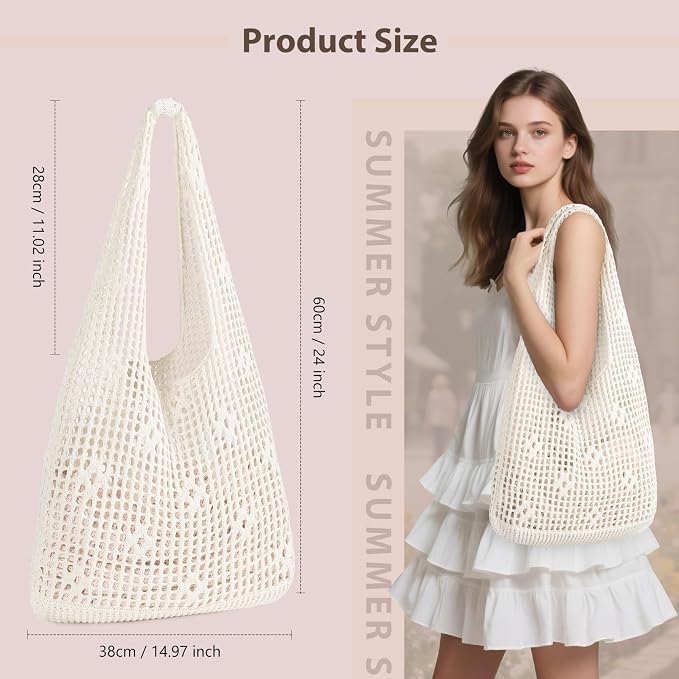 Sightor Crochet Tote Bag, Mesh Beach Bag Knit Summer Hobo Bag for Women | Beach Tote bag Vacation Outfits Aesthetic Boho Bag - Image 2