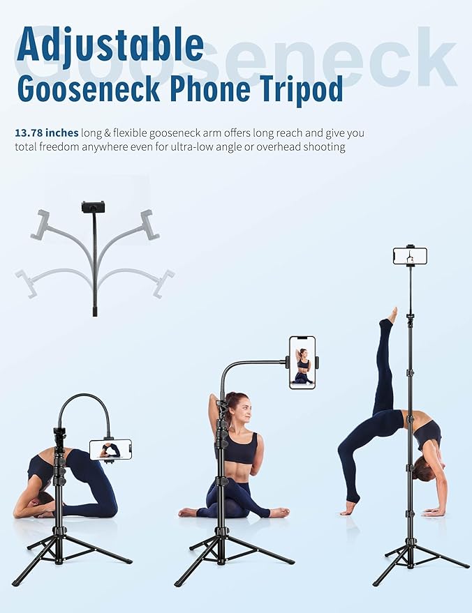 Phone Tripod, 85" Tripod for Cell Phone iPhone with Gooseneck | Aluminum Tripod Stand for Video Recording Photo Vlog, Travel Cellphone Tripod with Remote Compatible with iPhone Android - Image 2