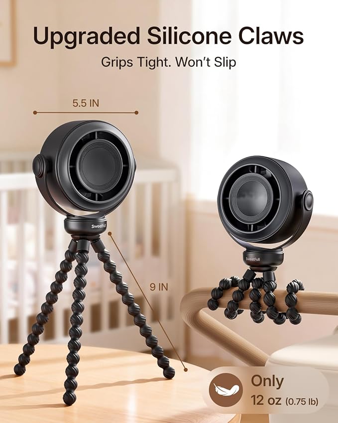 SWEETFULL Portable Stroller Fan, Pinch-Proof Baby Fan - Black | Wide Turbine Airflow; Safe Design; LED Display; 5-Speed; 30dB Quiet; USB-C Rechargeable; Mini Clip On Fan for Car Seat & Bed - Image 6