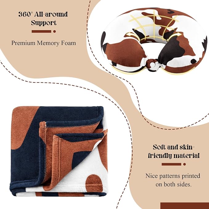 HunnmingRe 5 Pcs Travel Pillow and Blanket Set, 5 in 1 Travel Airplane Compact Includes 40 x 60 Inch Throw Blanket Eye Mask Neck Pillow Earplug and Bag Gifts for Travelers Women(Cow Print,Brown) - Image 4