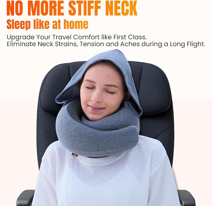 LOEXAIR™ Hooded Pro Travel Pillow - Memory Foam Neck Support Pillow for Airplane, Flight - Super-Soft Pure Cotton Fabric, Maximum Privacy & Light-Block Design, Lightweight Full Travel Kit - Light Grey - Image 4