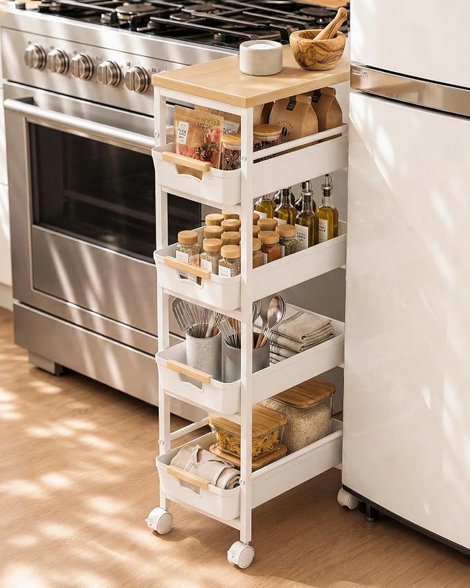 Pipishell Slim Storage Cart, Wooden Top Narrow Kitchen Storage Cart, White | 5 Tier Skinny Rolling Cart with Pull-Out Baskets, Vented Design & Lockable Wheels for Kitchen, Bathroom, Laundry Room - Image 7