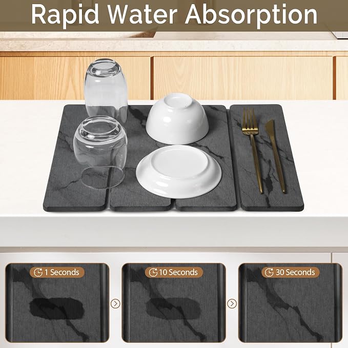 Small Stone Dish Drying Mat for Kitchen Counter, 2 PCS 16"×12" & 8"x4" Quick Dry Stone Mats, Foldable Water Absorbing Diatomite Drying Dish Pad for Countertop Bottles Utensils Cups(Dark Gray Ink) - Image 3