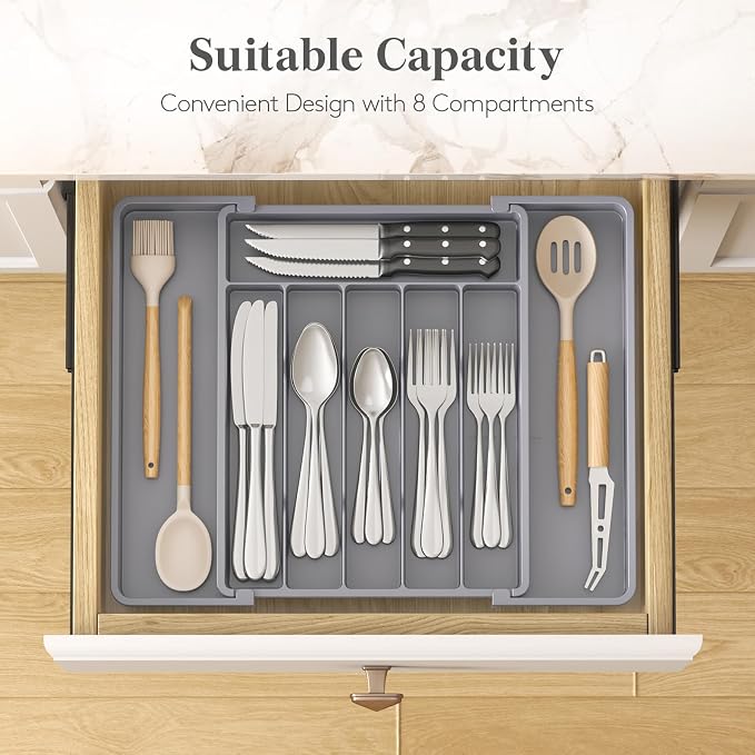 Lifewit Expandable Silverware Drawer Organizer, Kitchen Utensil Tray | BPA-free Plastic Flatware Cutlery Holder, Space-Saving Storage for Spoons Forks Knives, 11-18 x 14 x 1.5“, Gray - Image 3