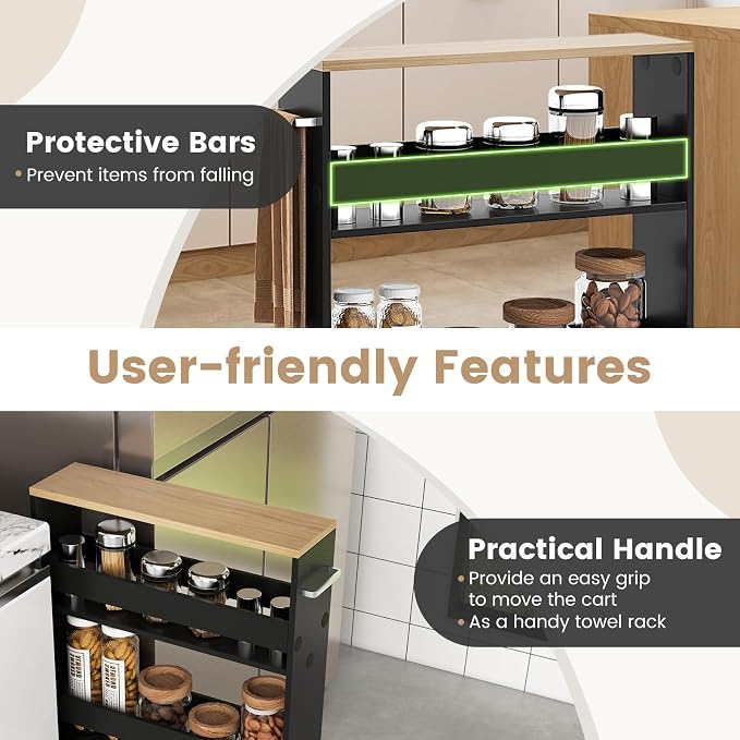 COSTWAY Slim Rolling Storage Cart, 4-Tier Rolling Utility Cart, Wood Kitchen Storage Cart with Handle & Wheels, Narrow Rolling Shelving Unit for Kitchen Bathroom Laundry Small Places (Dark) - Image 2