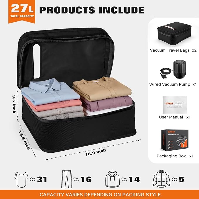 Vacuum Bags for Travel with Wired Pump, Travel Compression Bags for Clothes, 180° Open Zipper, Save 80% Space, IP68 Waterproof Travelpack Vacuum Kit for Luggage, Suitcase, Home Storage (2 Pack + Pump) - Image 7