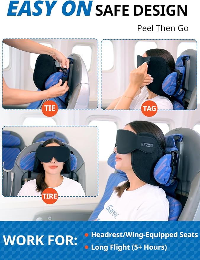 SARISUN Airplane Travel Pillow for Different Heights, Stable Head Support | Adjustable Airplane Pillow fits Travelers (4'7" to 6'4"), Attache to Seat Headrest, 360° Support on Long Flight, Mottled Blue - Image 6