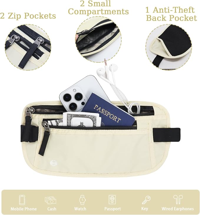 FuninCrea Waterproof Hidden Money Belt for Travel, Anti-Theft Belt Bag with RFID Blocking Function Adjustable Slim Waist Bag with 2 Zipper Pockets and 1 Back Pocket for Travel Running (B, Beige) - Image 3