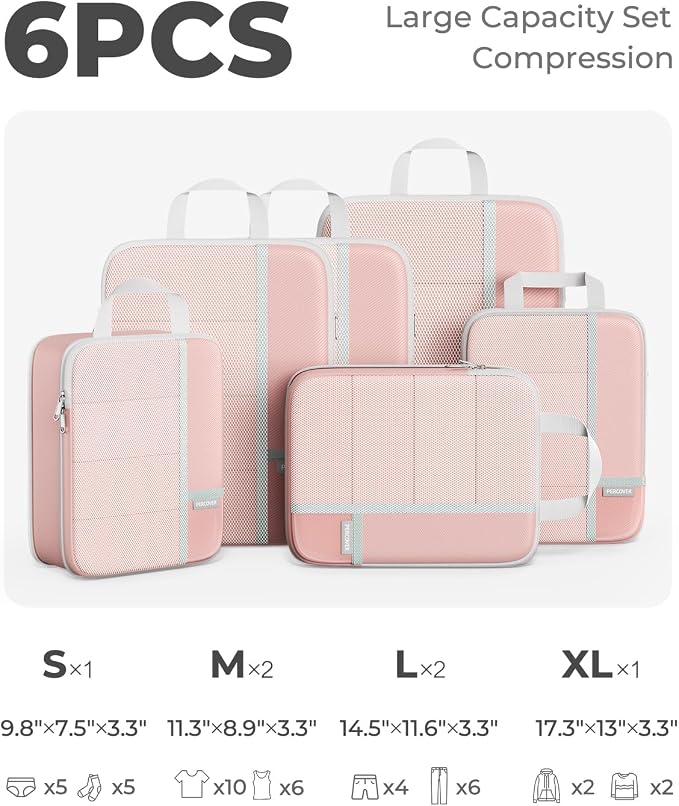 Percover Compression Packing Cubes for Travel, 6-Piece Structured Compression Organizer Set for Organized Packing & Carry-On Luggage, Pink - Image 2