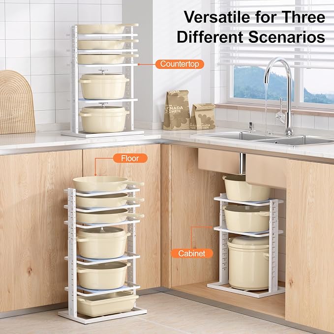 LAMU Pots and Pans Organizer for under Cabinet, 6-Tier Heavy Duty Pan Pot Organizers inside Cabinet Adjustable 14 to 24.57", Pot Rack Kitchen Cabinet Organization and Storage Holds up to 12" Cookware - Image 6