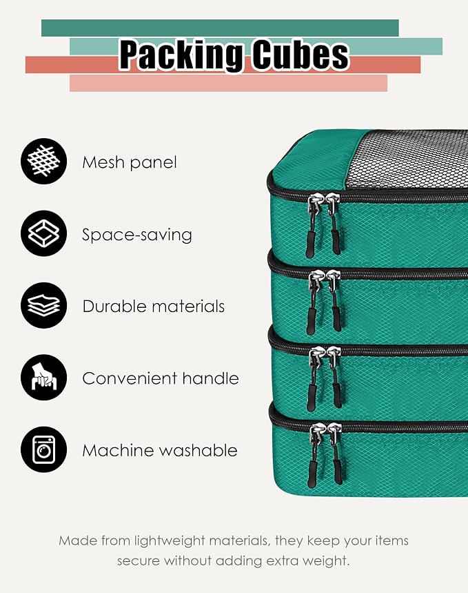 WTREE 4-Piece Packing Cubes Travel Accessories Set for Suitcases - Luggage Organizer Bags with Double Zipper - Mesh Top - Large - Green - Image 2