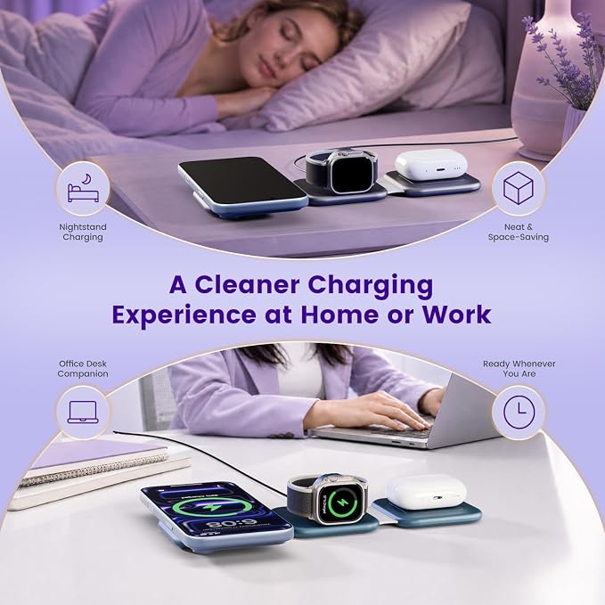 15W Magnetic Travel Charging Station, 3-in-1 Foldable MagSafe Charger | Wireless Charger for Apple Multiple Devices - iPhone Air 17 16 15 14 13 20 Pro Max, Watch & AirPods - Navy Blue - Image 8