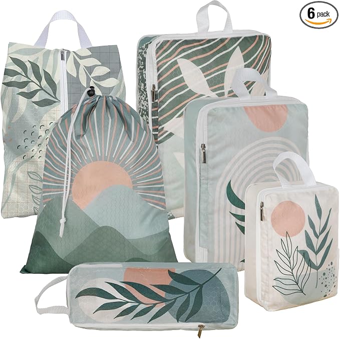 6 Pcs Compression Packing Cubes Waterproof Suitcase Travel Bag Luggage Backpack Organizer Travel Cubes for Packing-Bohemian by Unknown