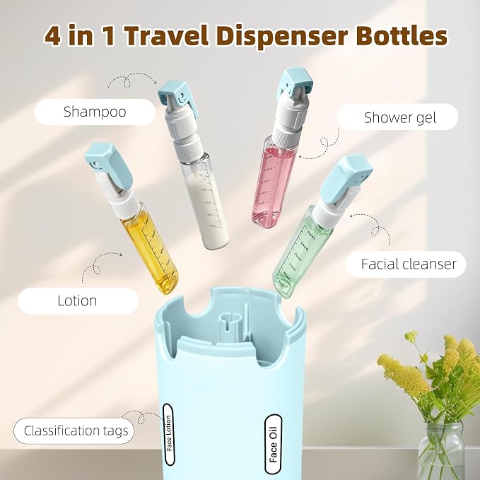 4 in 1 Travel Dispenser Bottle,4 Pack 30ML Travel Bottles for Toiletries, Leak Proof Travel Size Containers (Blue) - Image 4