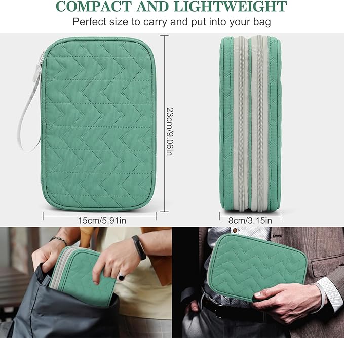 FYY Electronic Organizer, Travel Tech Pouch Bag, Large, Green Quilted | Wrist Strap, Waterproof, Double Layers Portable Electronics Travel Carrying Case for Cord, Charger, Daily Business Trips Use - Image 2